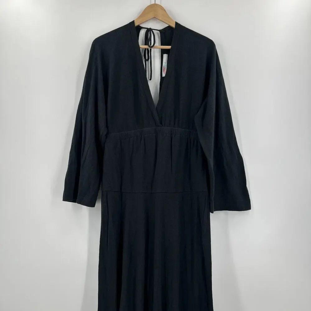 Free People FP Beach Bernadette Dress Size S Hemp Cotton Black Maxi V Neck